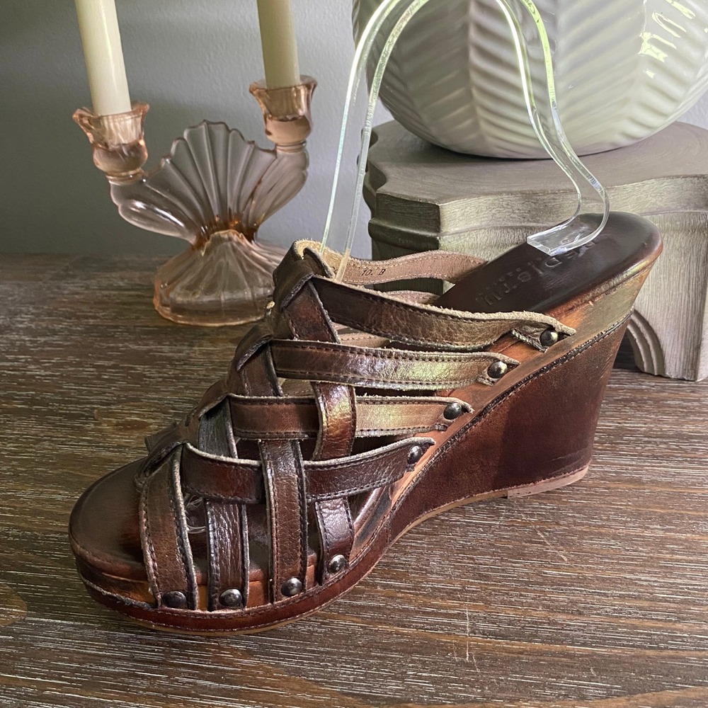Bed Stu Gina Handmade Leather Studded Wood Platform Wedges Sandals Shoe 10 Brown - Picture 6 of 9